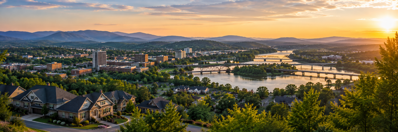 Scenic panoramic view of the Tri-Cities Tennessee region featuring luxury homes, rolling mountains, and vibrant community living