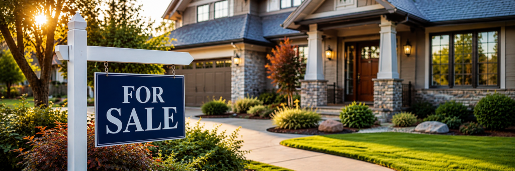 Luxury home with For Sale sign in front yard during sunset in Tri-Cities Tennessee real estate market