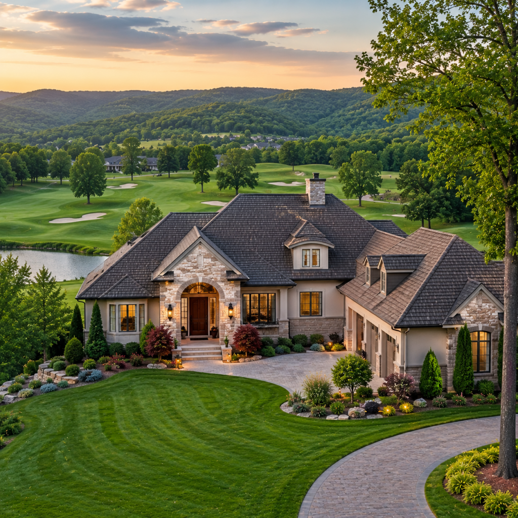 Luxury golf course home in Kingsport TN overlooking lush fairways with scenic mountain views and beautifully landscaped grounds