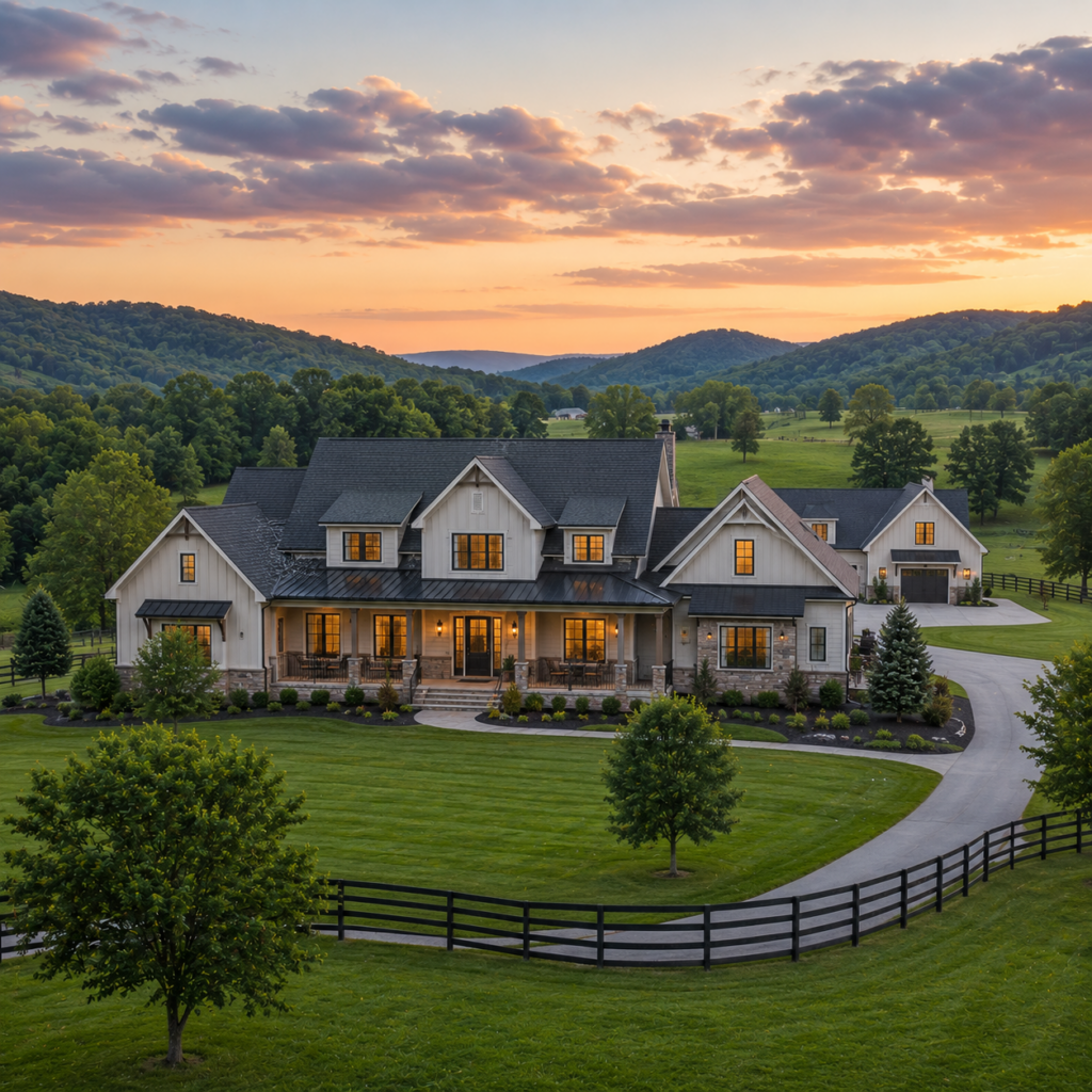 Beautiful home with acreage in Kingsport TN featuring rolling countryside, spacious land, fenced pasture, and scenic Appalachian mountain views