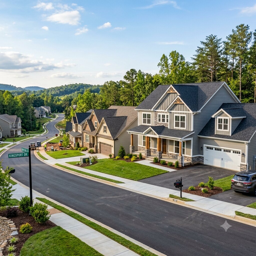 Newly constructed craftsman-style homes in a suburban Kingsport, TN neighborhood with rolling hills in the background