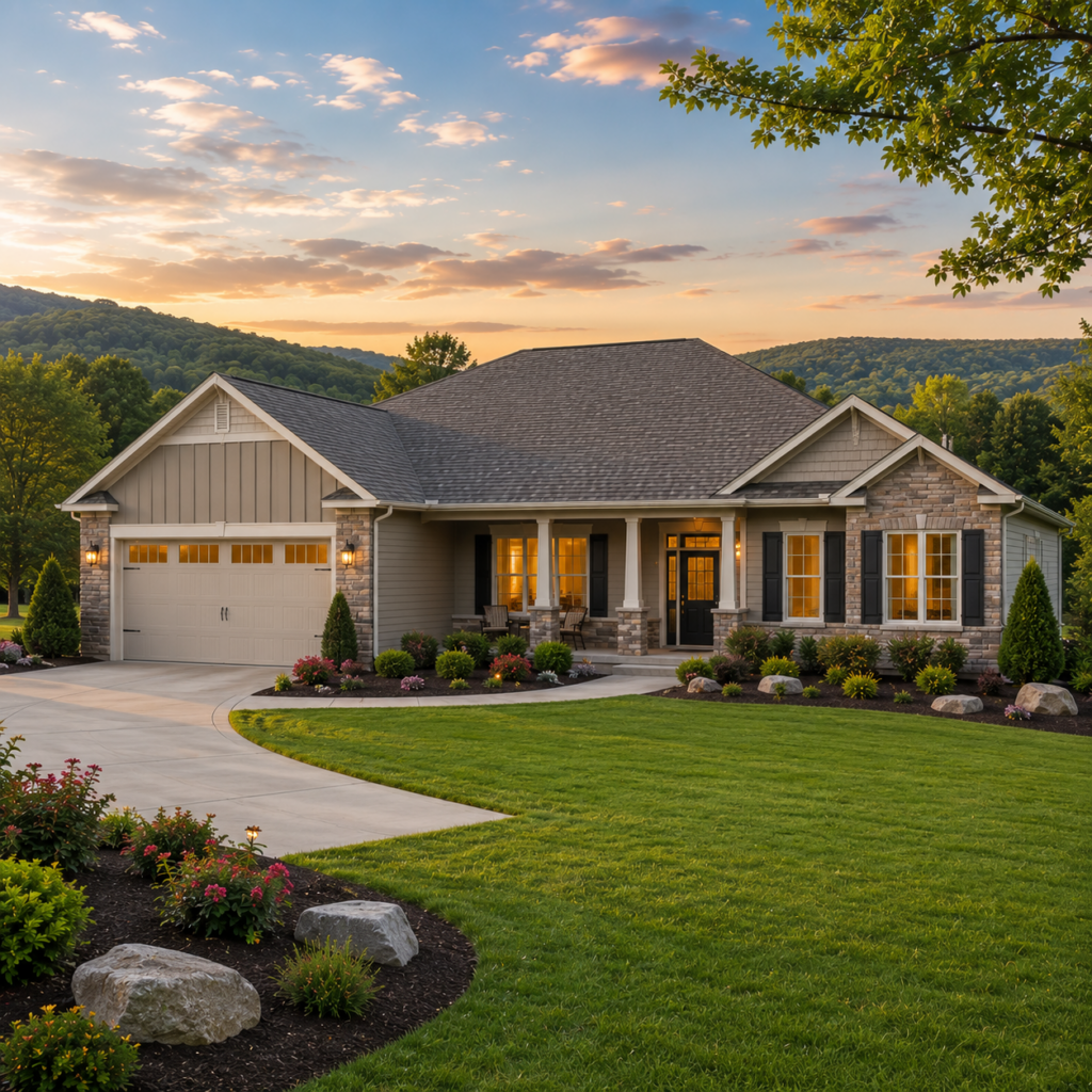 Beautiful one-level home in Kingsport TN featuring modern ranch-style architecture, landscaped yard, and scenic Appalachian mountain views